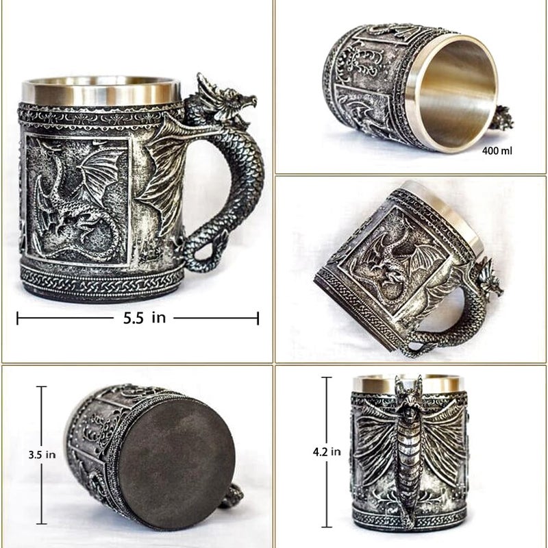 LitLife Medieval GOT Dragon D&D Game Mug Collectible of Thrones Merchandise - Beer Steins Viking Tankard Mug Stainless Coffee Cup Gift Mug for Dragon Collector, Themed Party Decoration - Image 2